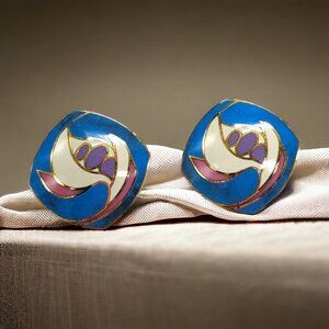Vtg Cloisonne Earrings Pierced Pea Pod Flower Blue Mauve Purple Gold Tone .75 "
